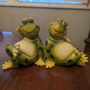 Set of Two Green Ceramic Frog Figurines